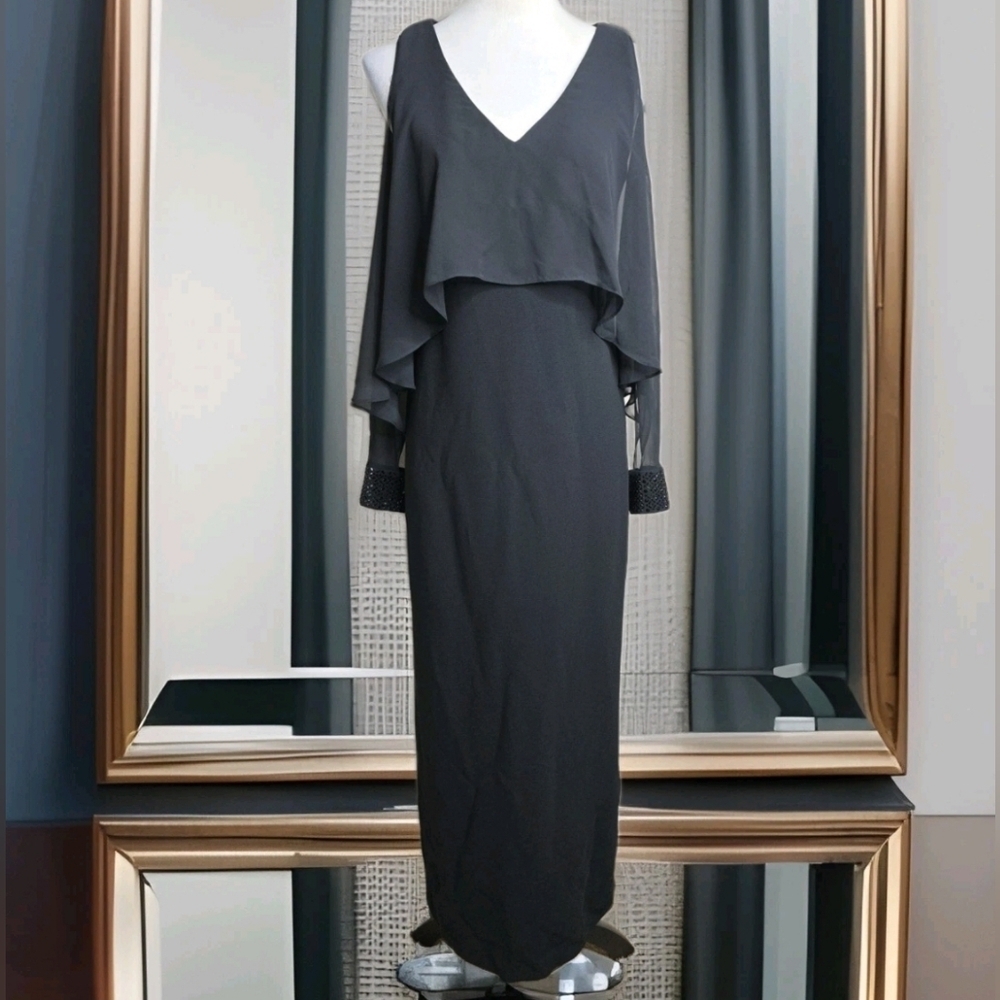 76 Calvin Klein Elegant Black Layered Dress Beaded Wrists Size 6